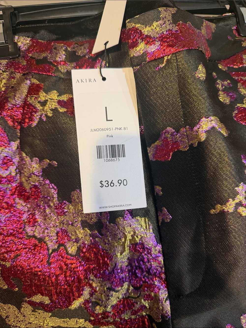 AKIRA Black Mini Shorts with Pink and Gold Floral Brocade - Picture 2 of 2